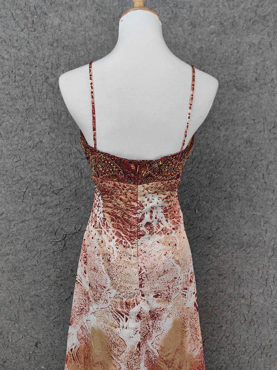 Vintage Red-Brown Gilded Gradient Spaghetti Strap Beaded Satin Long Formal Prom Dresses