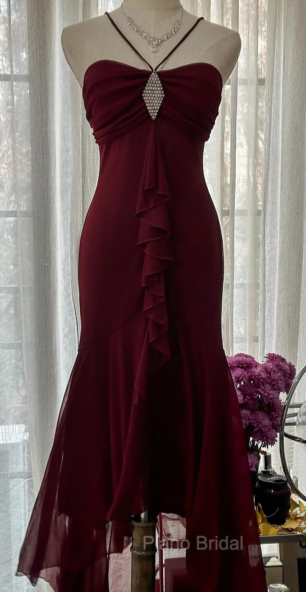 Vintage Red Mermaid Strapless Chiffon Formal Prom Dresses Graduation Formal Prom Dresses