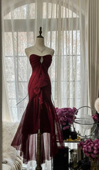 Vintage Red Mermaid Strapless Chiffon Formal Prom Dresses Graduation Formal Prom Dresses