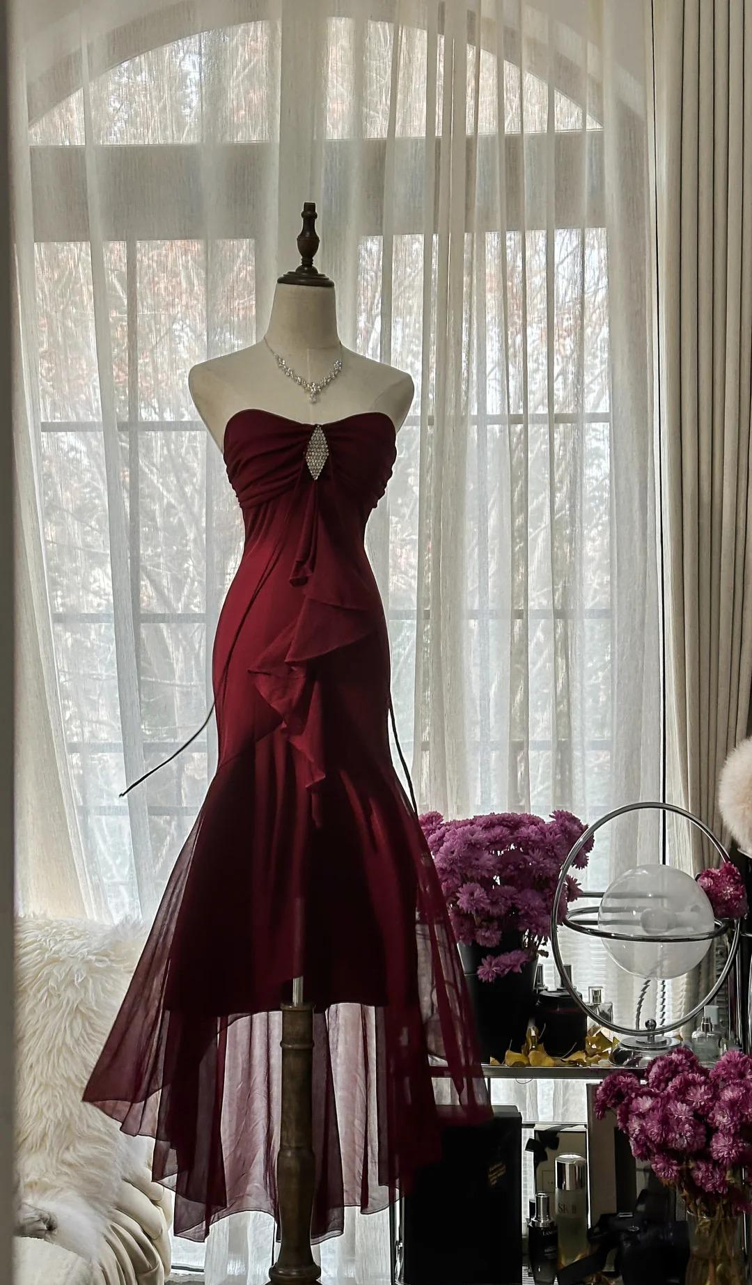 Vintage Red Mermaid Strapless Chiffon Formal Prom Dresses Graduation Formal Prom Dresses