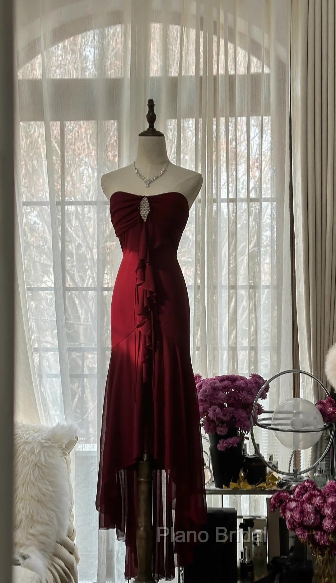 Vintage Red Mermaid Strapless Chiffon Formal Prom Dresses Graduation Formal Prom Dresses