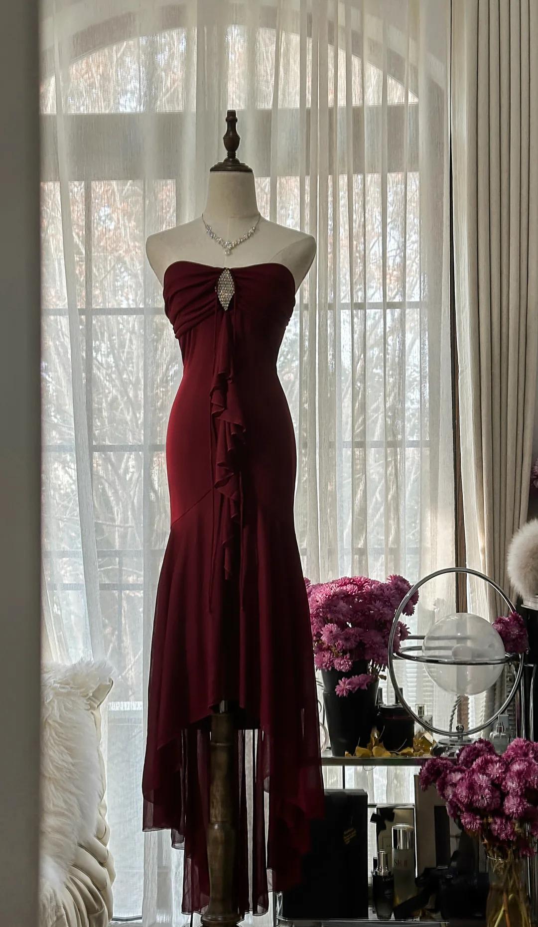 Vintage Red Mermaid Strapless Chiffon Formal Prom Dresses Graduation Formal Prom Dresses Main image