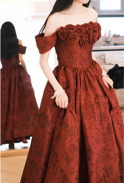 Vintage Rose Burgundy Off-The-Shoulder Jacquard Satin Long Formal Prom Dresses