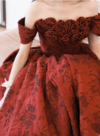 Vintage Rose Burgundy Off-The-Shoulder Jacquard Satin Long Formal Prom Dresses