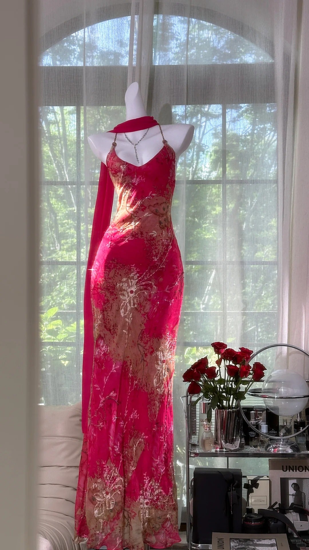 Vintage Rose Pink Floral Mermaid Backless Chiffon Long Formal Prom Dresses Main image