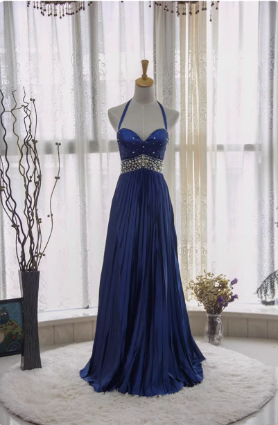 Vintage Royal Blue A-Line Halter Neck Rhinestone Satin Long Formal Prom Dresses