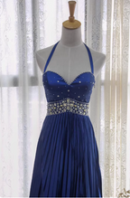 Vintage Royal Blue A-Line Halter Neck Rhinestone Satin Long Formal Prom Dresses