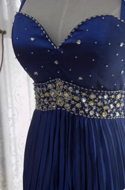 Vintage Royal Blue A-Line Halter Neck Rhinestone Satin Long Formal Prom Dresses