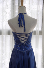 Vintage Royal Blue A-Line Halter Neck Rhinestone Satin Long Formal Prom Dresses
