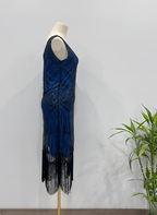 Vintage Royal Blue / Emerald Green Slim-Fit Spaghetti Strap Fringe Sequin Midi Formal Prom Dresses