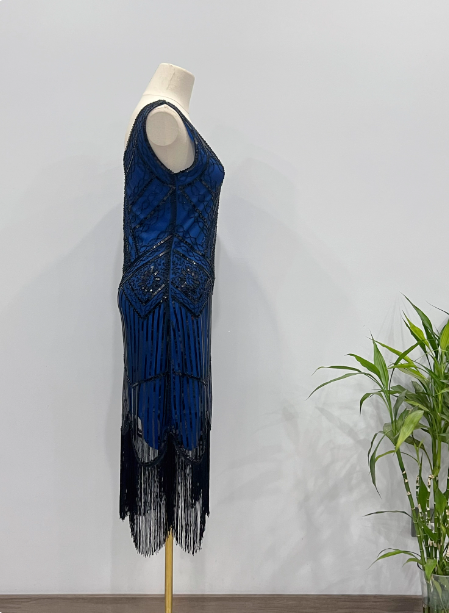 Vintage Royal Blue / Emerald Green Slim-Fit Spaghetti Strap Fringe Sequin Midi Formal Prom Dresses