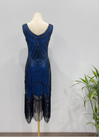 Vintage Royal Blue / Emerald Green Slim-Fit Spaghetti Strap Fringe Sequin Midi Formal Prom Dresses