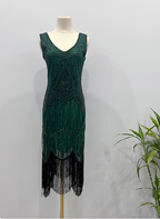Vintage Royal Blue / Emerald Green Slim-Fit Spaghetti Strap Fringe Sequin Midi Formal Prom Dresses
