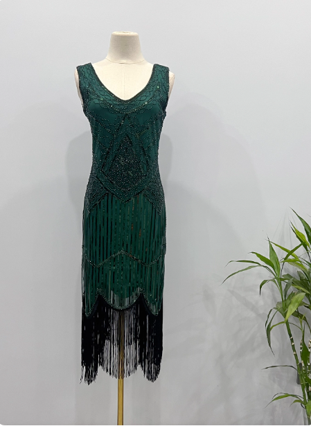Vintage Royal Blue / Emerald Green Slim-Fit Spaghetti Strap Fringe Sequin Midi Formal Prom Dresses