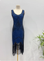 Vintage Royal Blue / Emerald Green Slim-Fit Spaghetti Strap Fringe Sequin Midi Formal Prom Dresses