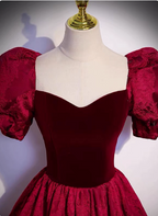 Vintage Royal Burgundy A-Line Puff Sleeve Velvet Satin Long Formal Prom Dresses