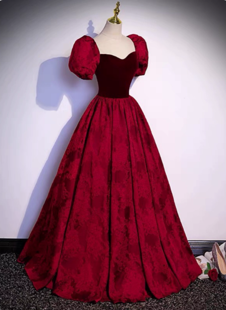 Vintage Royal Burgundy A-Line Puff Sleeve Velvet Satin Long Formal Prom Dresses