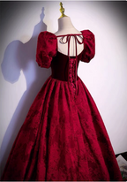 Vintage Royal Burgundy A-Line Puff Sleeve Velvet Satin Long Formal Prom Dresses