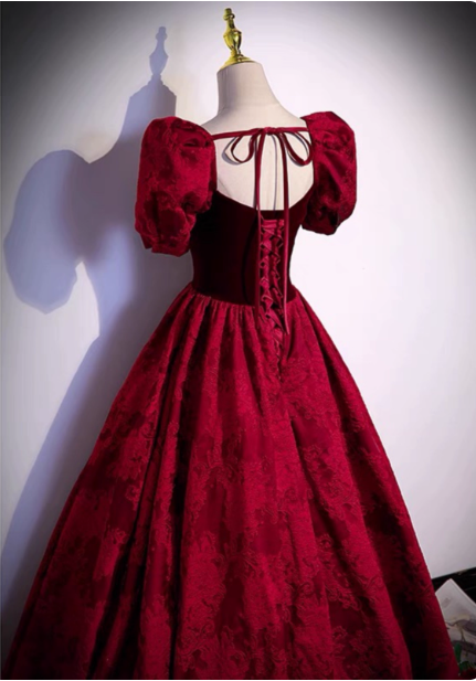 Vintage Royal Burgundy A-Line Puff Sleeve Velvet Satin Long Formal Prom Dresses