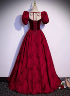 Vintage Royal Burgundy A-Line Puff Sleeve Velvet Satin Long Formal Prom Dresses