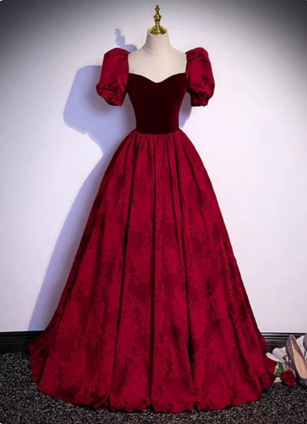 Vintage Royal Burgundy A-Line Puff Sleeve Velvet Satin Long Formal Prom Dresses Main image
