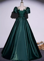 Vintage Royal Emerald Green Crew Neck A-Line Embroidered Satin Long Formal Prom Dresses