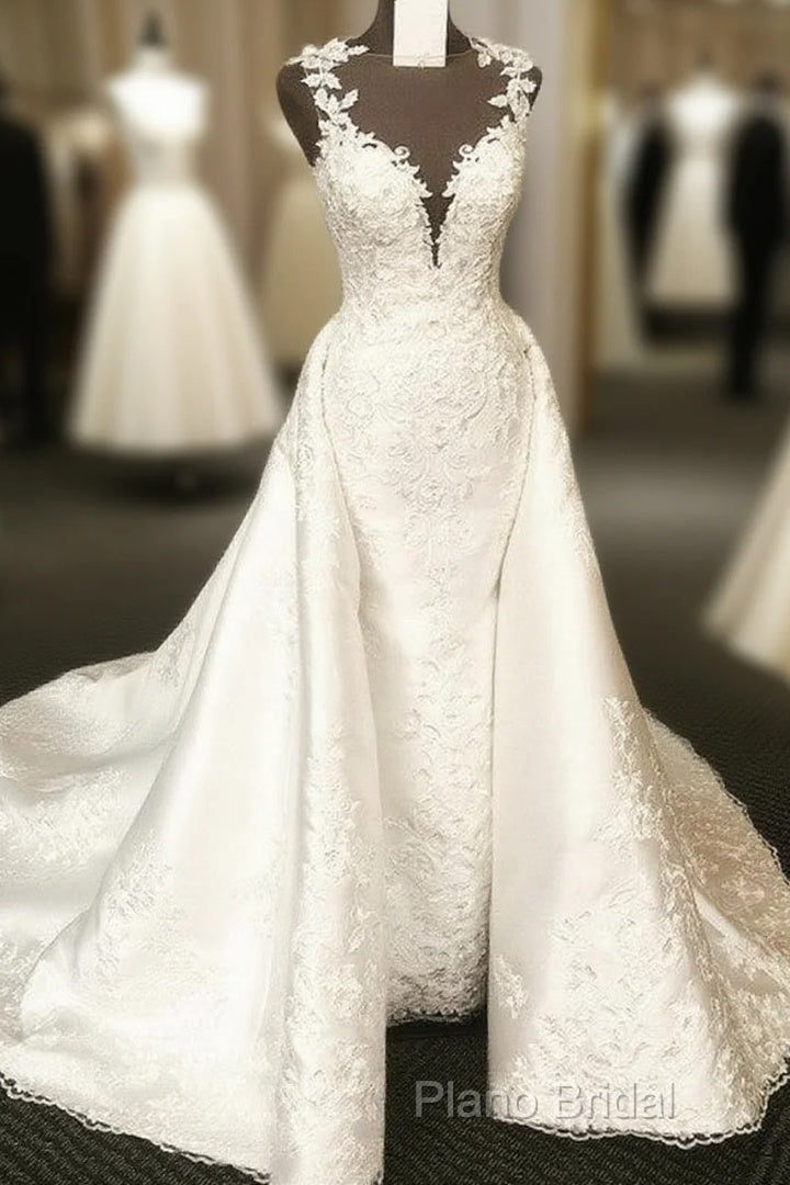 Vintage Scoop Neck Sweep Train Satin Mermaid Wedding Dresses Lace Embroidery Main image