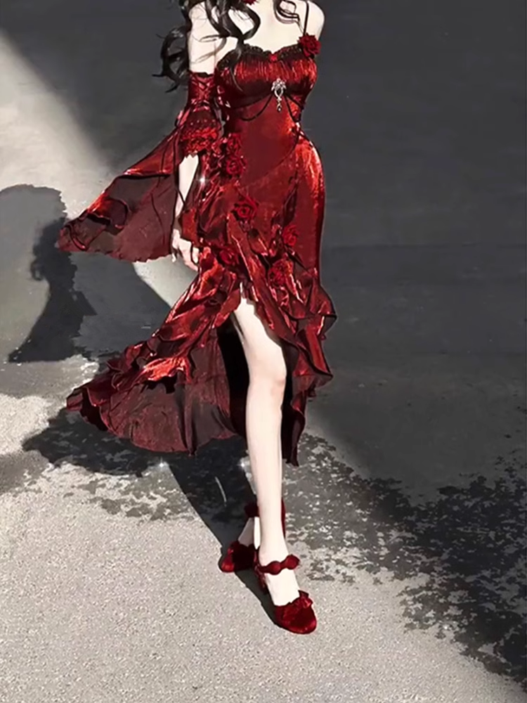 Vintage Sheath Irregular Ruffled Spaghetti Straps Women'S Burgundy Birthday Party Dresses With Sleeves Secondary image