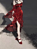 Vintage Sheath Irregular Ruffled Spaghetti Straps Women'S Burgundy Birthday Party Dresses With Sleeves