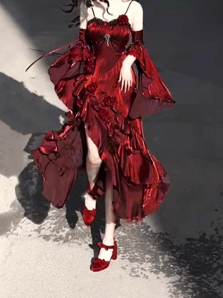 Vintage Sheath Irregular Ruffled Spaghetti Straps Women'S Burgundy Birthday Party Dresses With Sleeves Main image