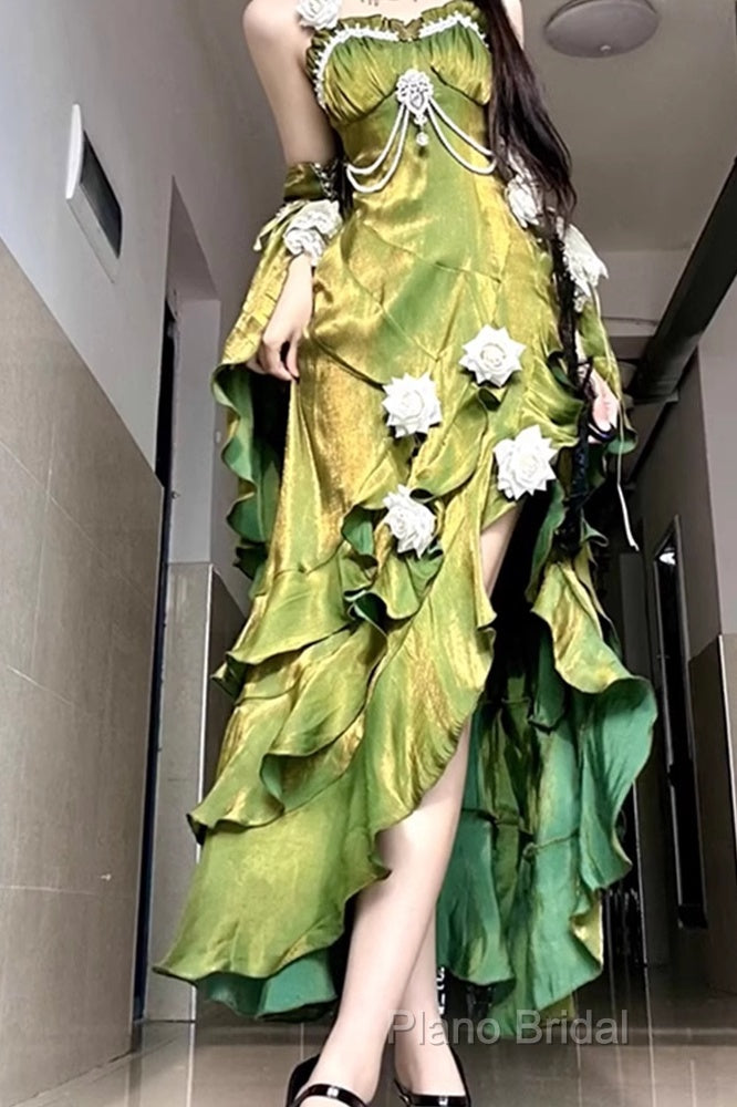 Vintage Sheath Irregular Ruffled Spaghetti Straps WomenS Green Birthday Party Dresses