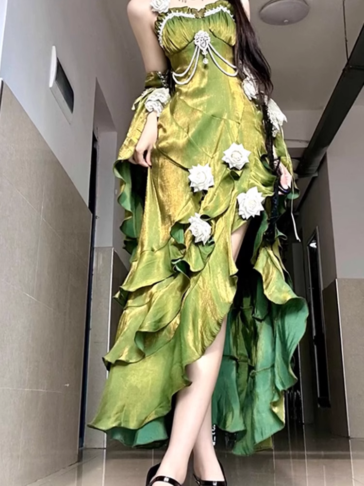 Vintage Sheath Irregular Ruffled Spaghetti Straps Women Green Birthday Party Dresses