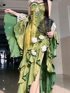 Vintage Sheath Irregular Ruffled Spaghetti Straps Women Green Birthday Party Dresses