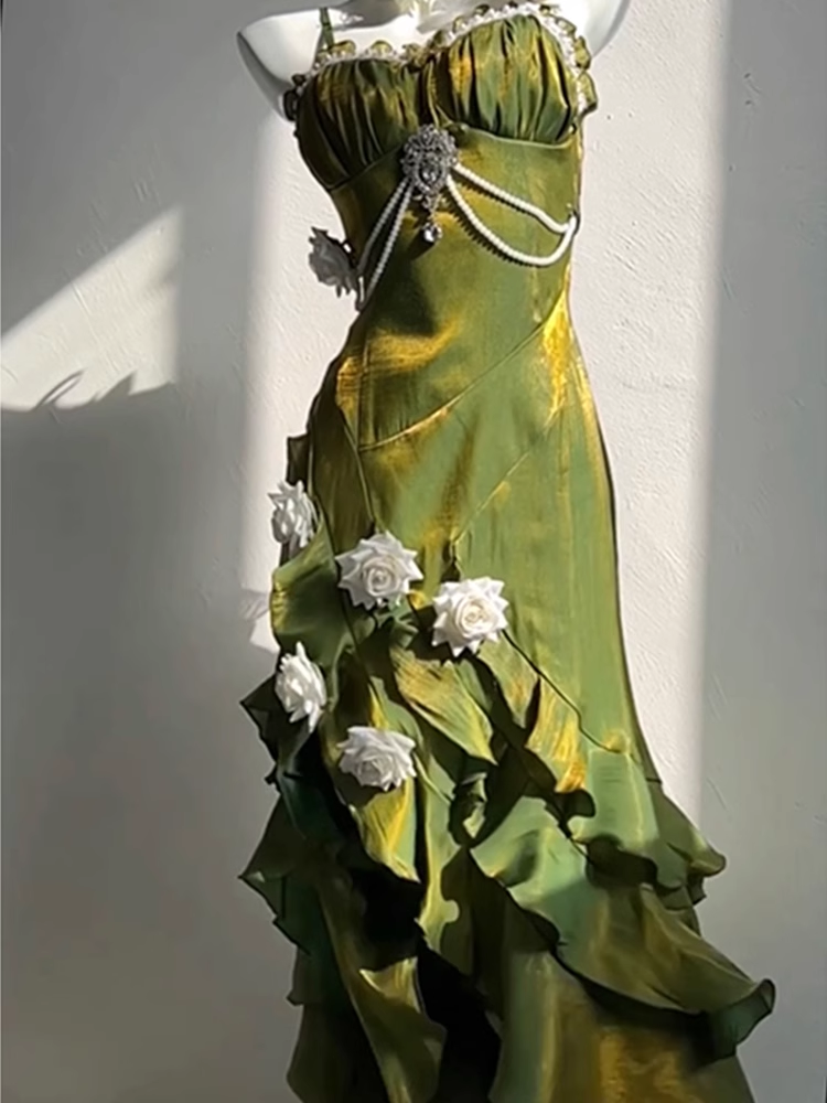 Vintage Sheath Irregular Ruffled Spaghetti Straps Women Green Birthday Party Dresses Main image