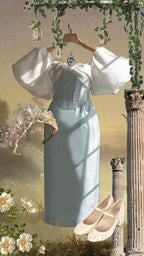Vintage Sheath Light Sky Blue Satin Formal Prom Dresses Formal Dresses