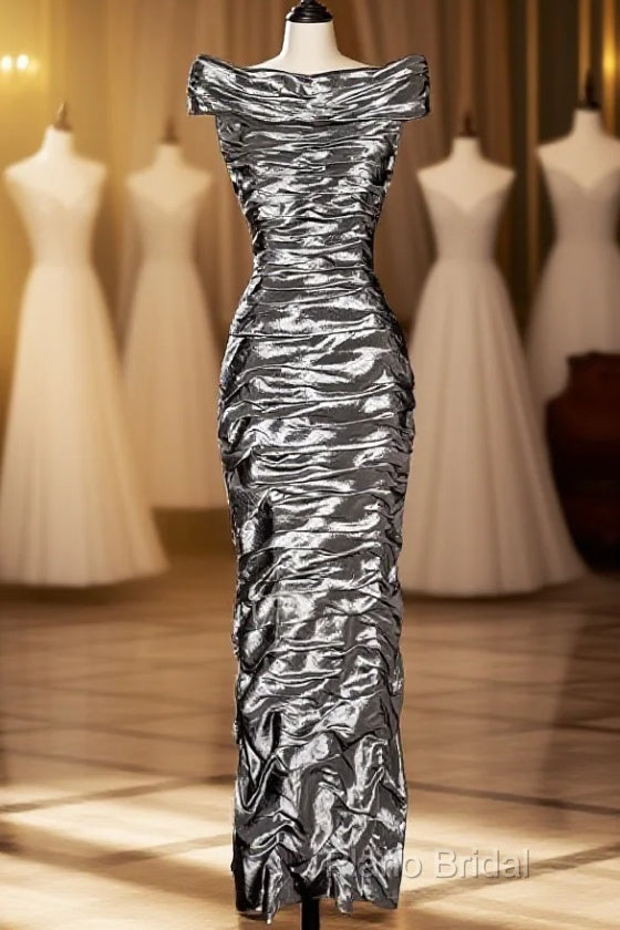 Vintage Sheath Off The Shoulder Silver Gray Sleeveless Long Formal Prom Gown Fairy Formal Prom Dresses