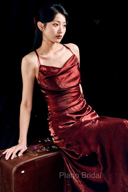 Vintage Sheath Spaghetti Straps Burgundy Ankle Length Formal Prom Dresses Birthday Outfits