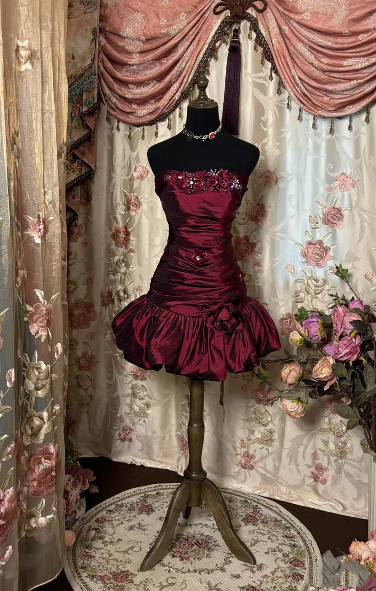 Vintage Sheath Strapless Burgundy Mini Dresses Homecoming Dresses 16Th Birthday Dresses Main image