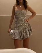 Vintage Sheath Strapless Layered Ruffle Mini Dresses Sequin Homecoming Dresses 16Th Birthday Dresses