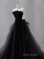 Vintage Sheath Strapless Satin Black Tulle Long Formal Prom Dresses Formal Dresses