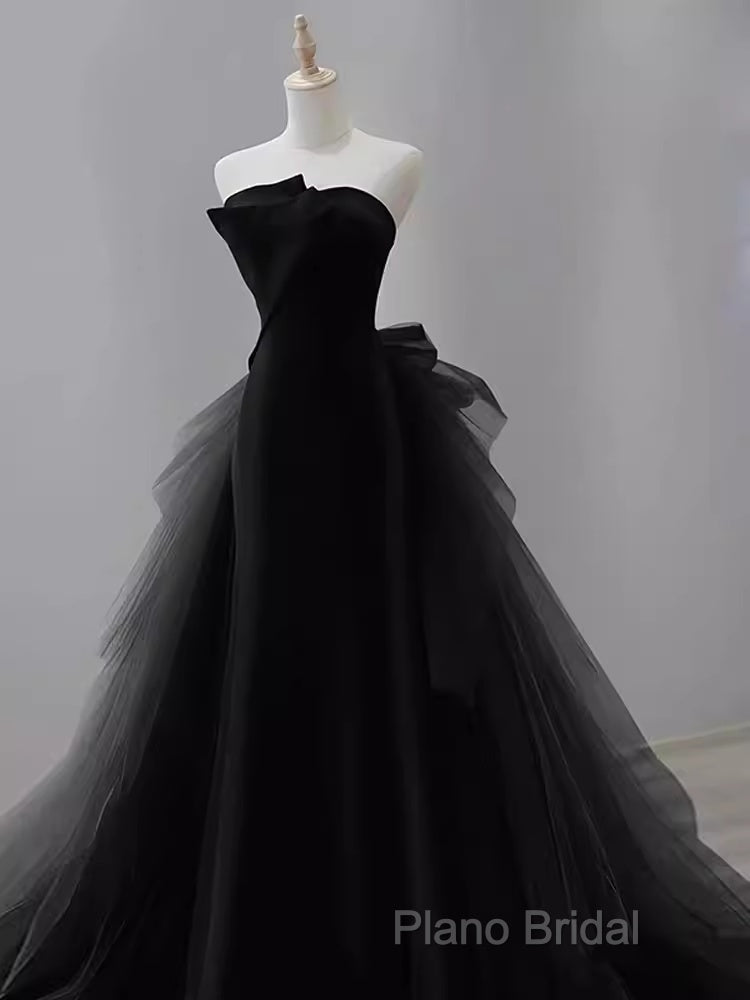 Vintage Sheath Strapless Satin Black Tulle Long Formal Prom Dresses Formal Dresses