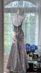 Vintage Silver-Grey Mermaid Backless Beaded Lace Long Formal Prom Dresses