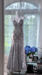 Vintage Silver-Grey Mermaid Backless Beaded Lace Long Formal Prom Dresses
