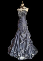 Vintage Grey Mermaid Spaghetti Strap Satin Train Formal Prom Dresses