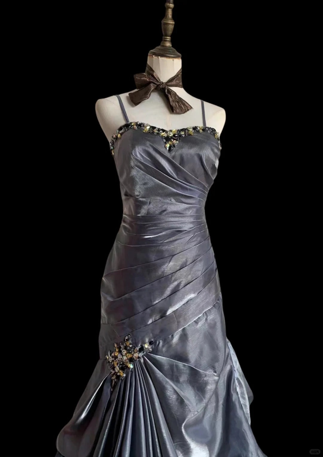 Vintage Grey Mermaid Spaghetti Strap Satin Train Formal Prom Dresses