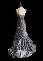 Vintage Grey Mermaid Spaghetti Strap Satin Train Formal Prom Dresses