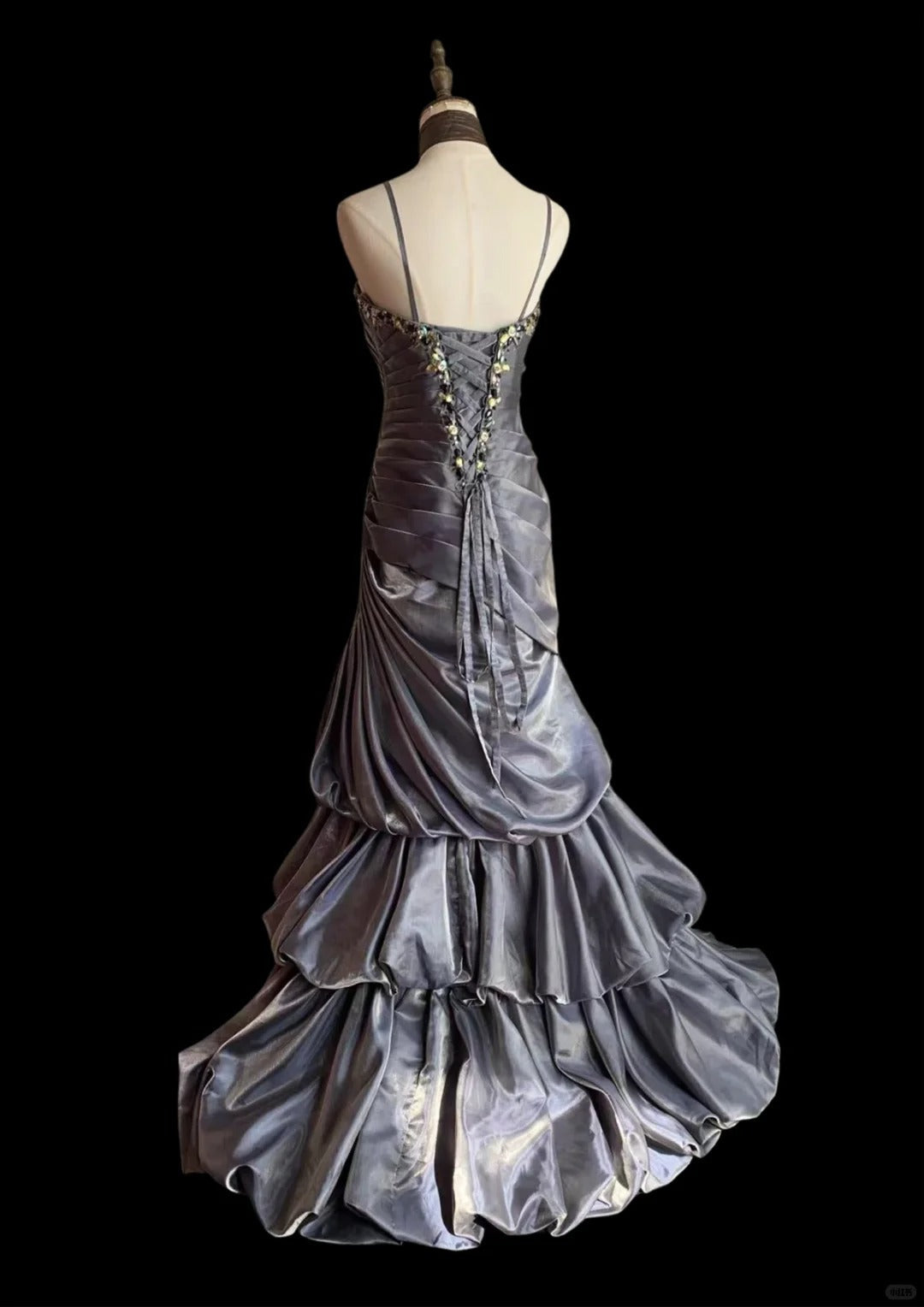 Vintage Grey Mermaid Spaghetti Strap Satin Train Formal Prom Dresses