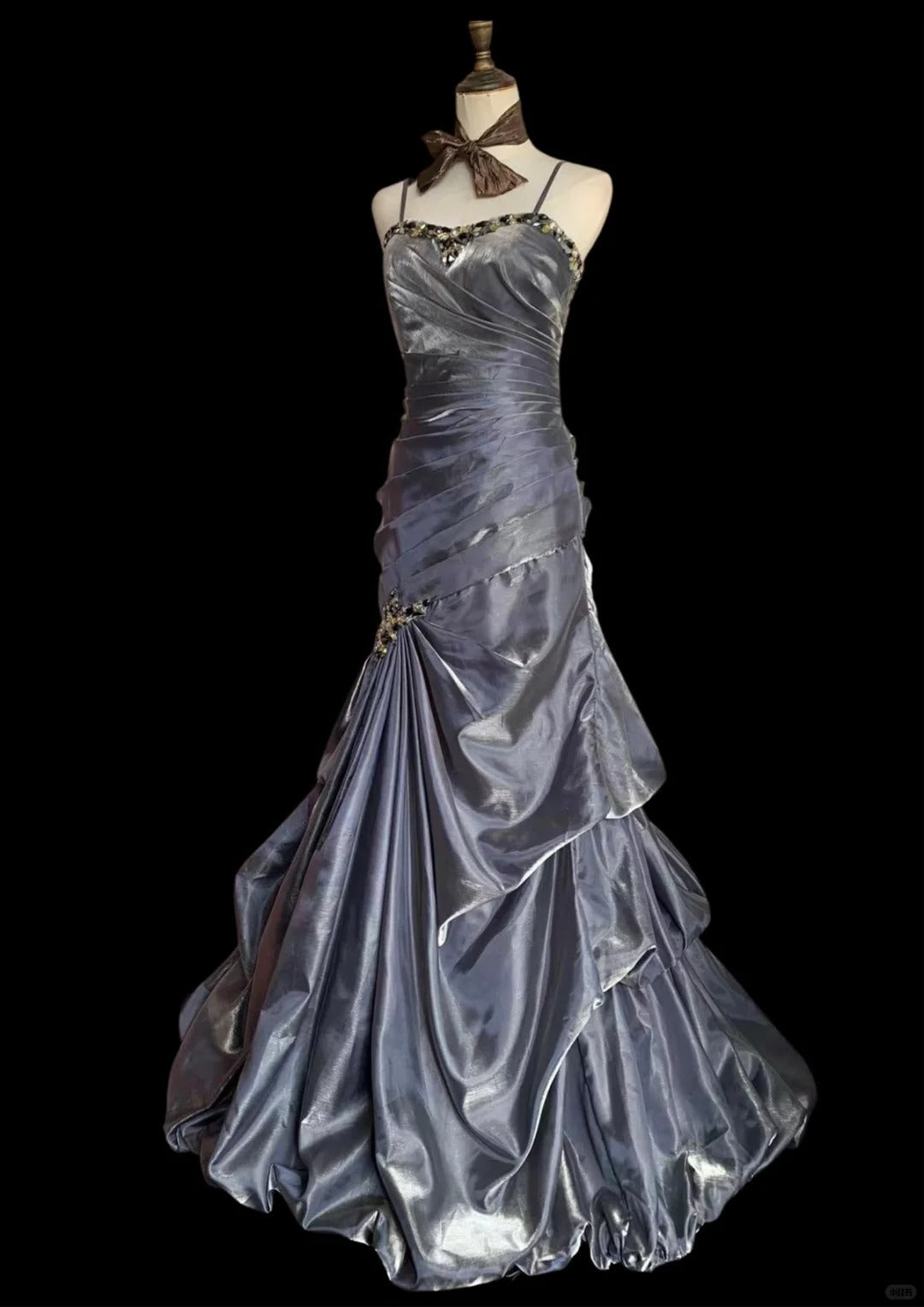 Vintage Grey Mermaid Spaghetti Strap Satin Train Formal Prom Dresses Main image