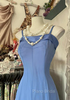 Vintage Soft Blue Spaghetti Strap A-Line Chiffon Birthday Formal Prom Dresses Pretty Graduation Dresses