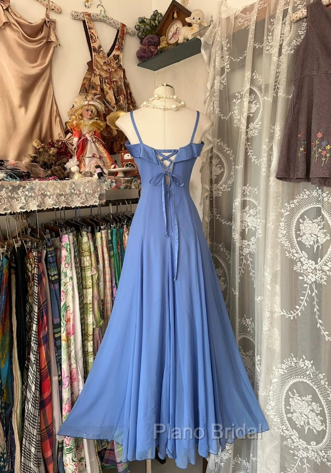 Vintage Soft Blue Spaghetti Strap A-Line Chiffon Birthday Formal Prom Dresses Pretty Graduation Dresses
